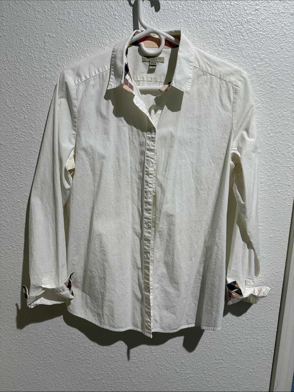 Burberry Cream Button-Up Shirt with Plaid Trim